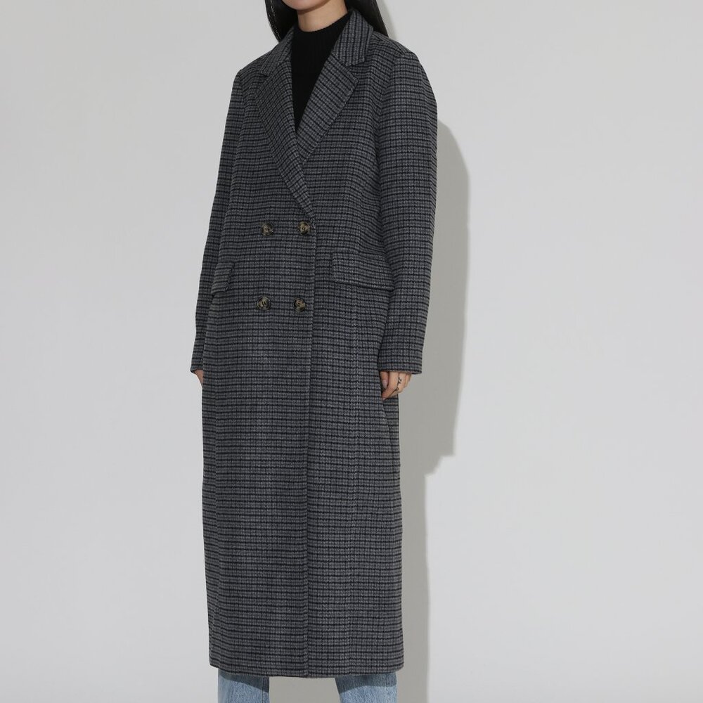 Ganni Check Wool Coat double-breasted charcoal blue